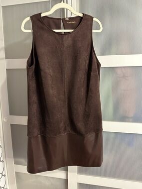 Calvin Klein Dark Brown Faux Suede and Leather-Trim Shift Dress